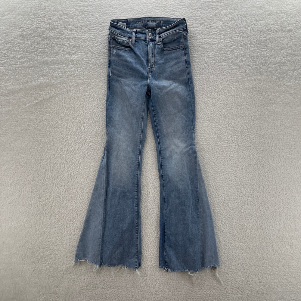 American Eagle Jeans Women 2 Blue Festival Flare Stretch Boho Cowgirl 70s Hippie